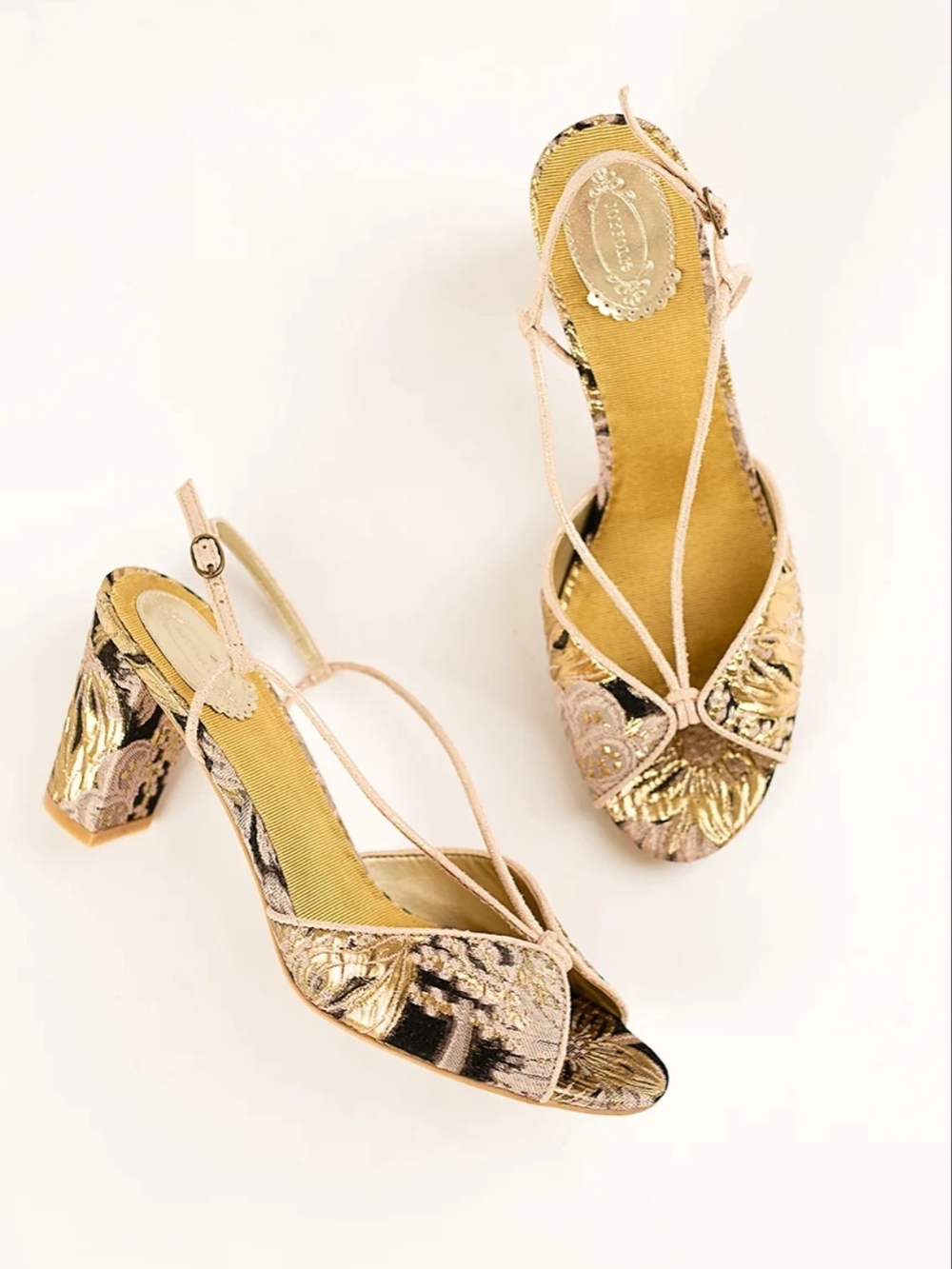 Gold Floral Embroidered Slingback Heels